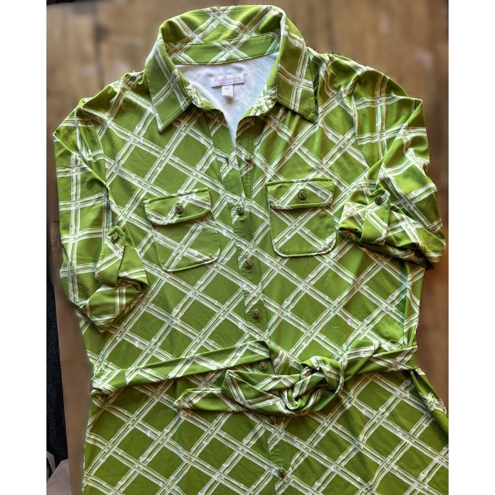 Lime Green Bamboo Trellis Print Shirt Dress Stretch Knit Resort Preppy Retro XL